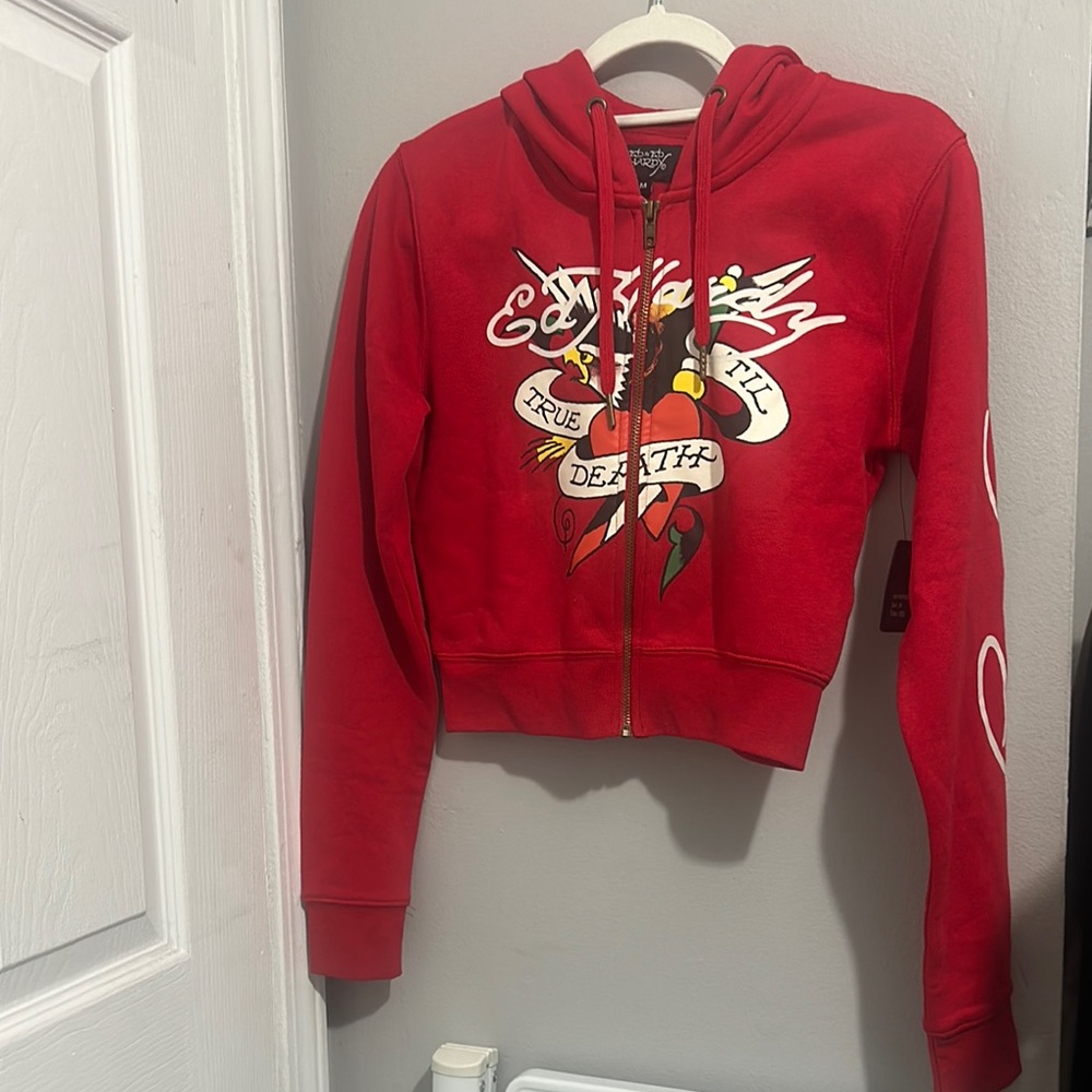 Ed Hardy Red Zip-Up Hoodie with Graphic Design